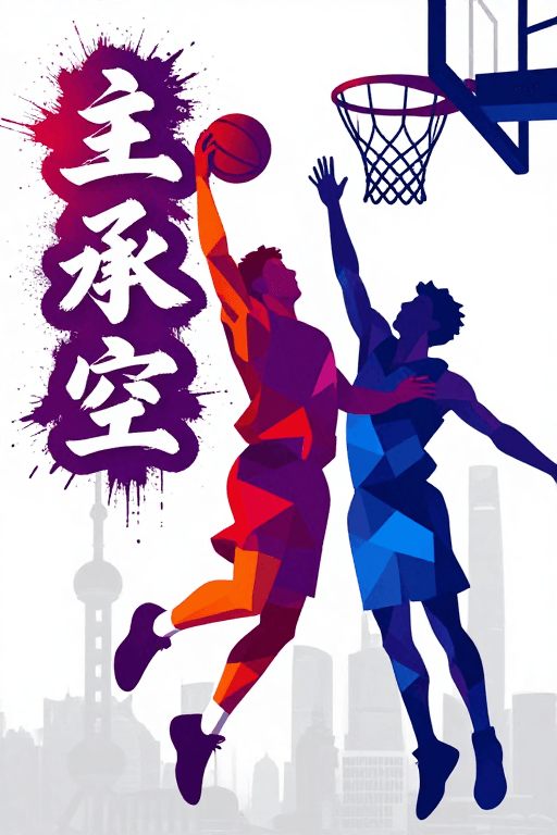 低多边形艺术素材：低多边形篮球对决：紫红蓝几何竞技张力
