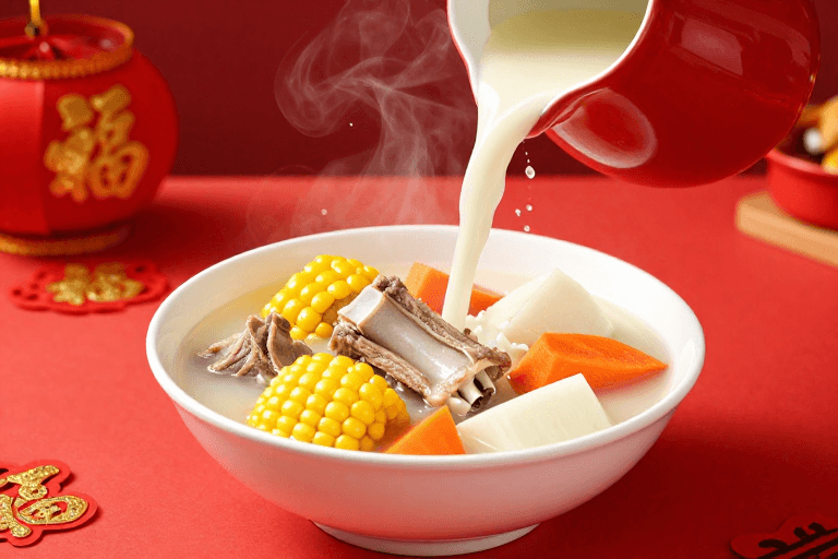 喜庆背景素材：年味浓郁：排骨玉米胡萝卜汤的春节美味