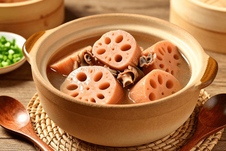 莲藕排骨汤素材：清亮莲藕排骨汤：中式暖棕美食摄影