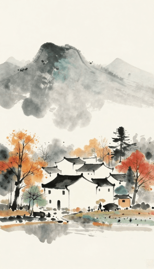 中国村庄素材：水墨秋韵：宁静中国村庄的治愈画卷
