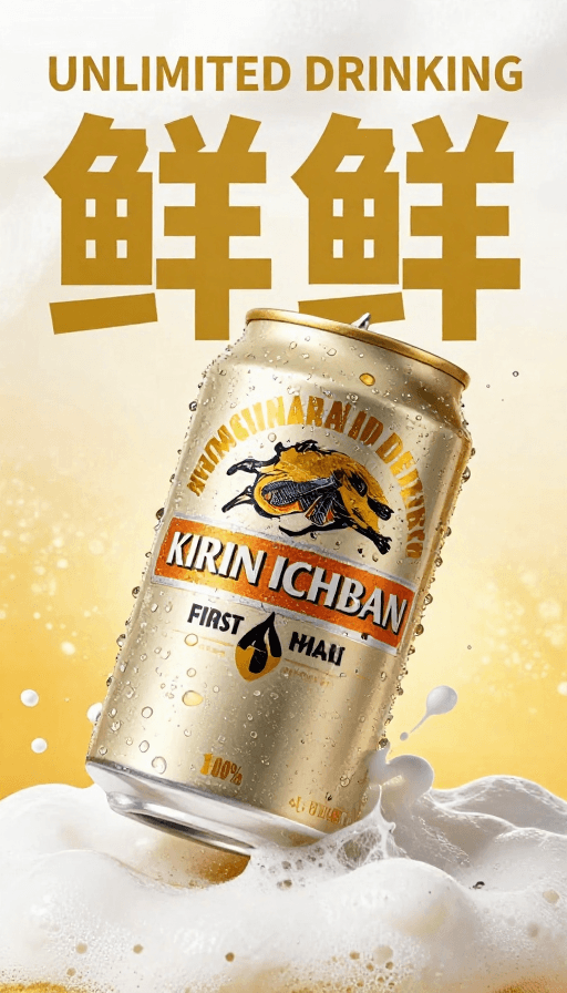 产品特写素材：清凉啤酒促销：麒麟鲜啤3D广告海报