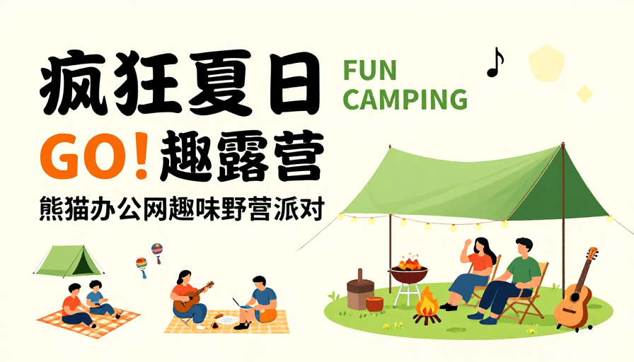 休闲生活素材：疯狂夏日趣露营：清新插画风的户外派对