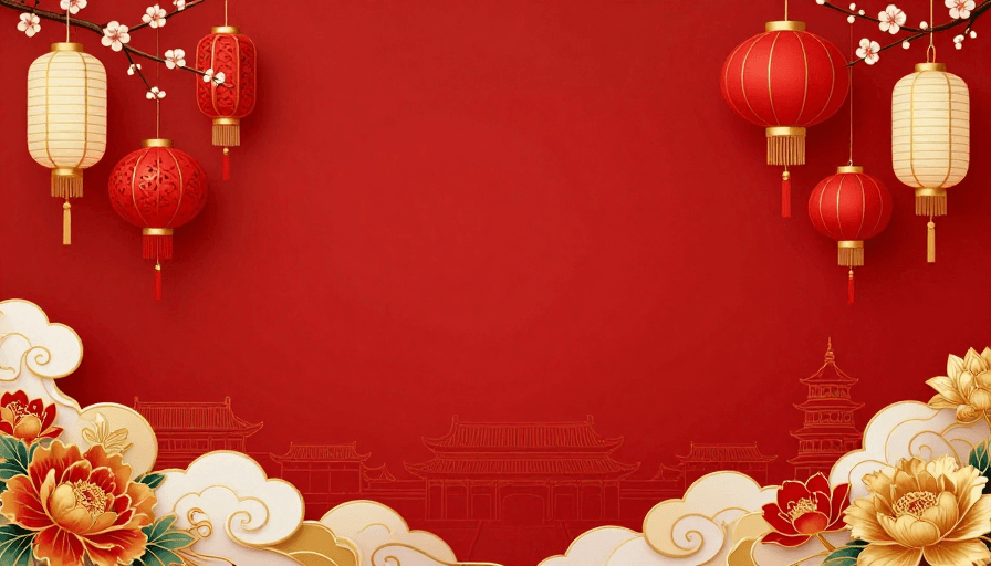 喜庆插画素材：喜庆朱红中国节景：传统灯笼与祥云花卉背景