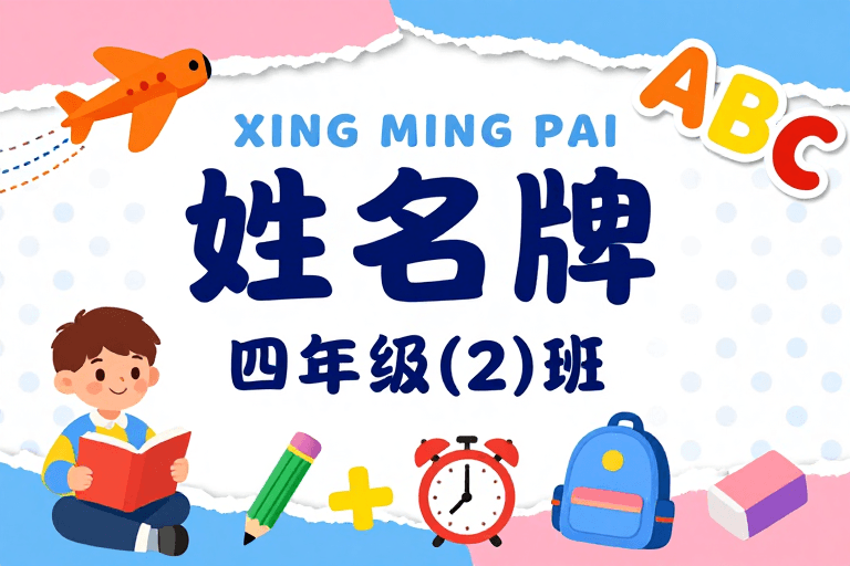 色彩明快素材：童趣撕纸风儿童姓名牌：四年级班级标识