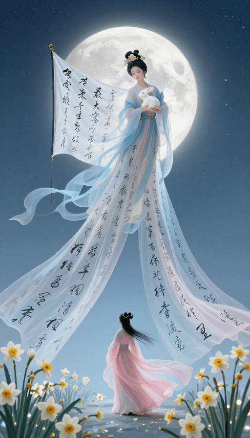 梦幻色彩素材：月影芳菲：3D嫦娥与仙草的浪漫立体幻境
