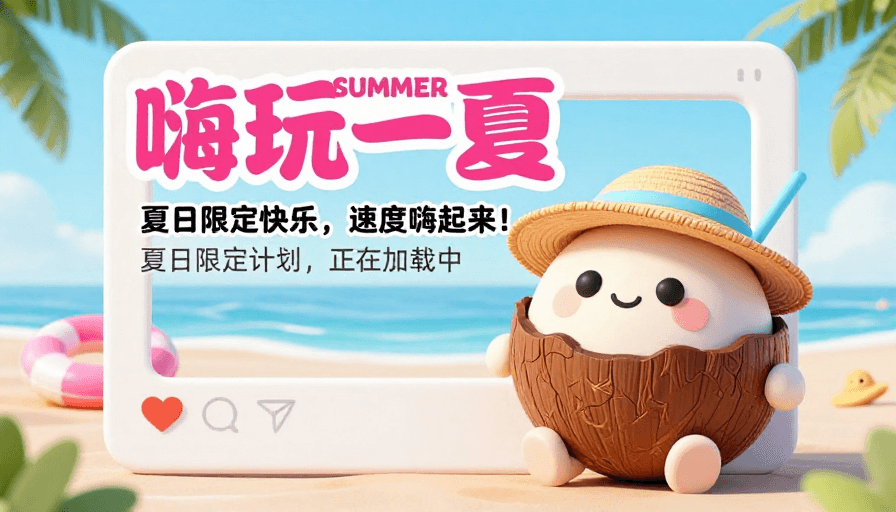 Q版3D素材：夏日嗨玩促销海报：Q版椰子快乐启程