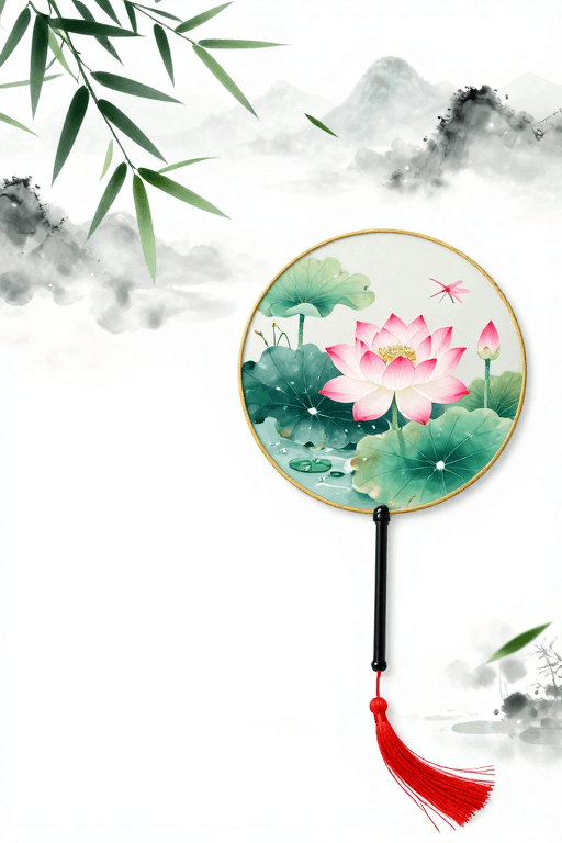 现代插画素材：水墨意境团扇·青绿荷塘东方雅韵