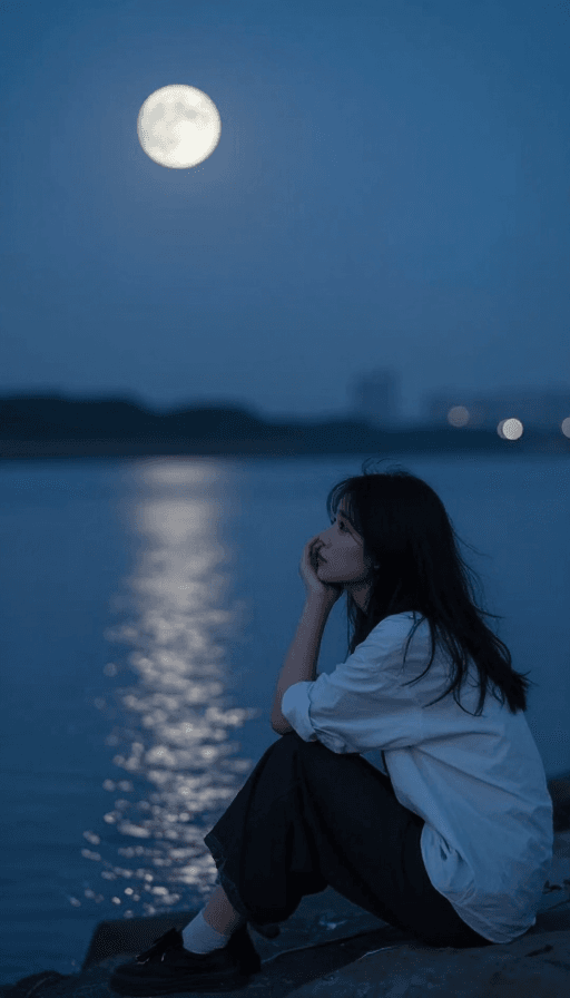 人物肖像素材：孤单的月夜：江边失恋少女凝望远方
