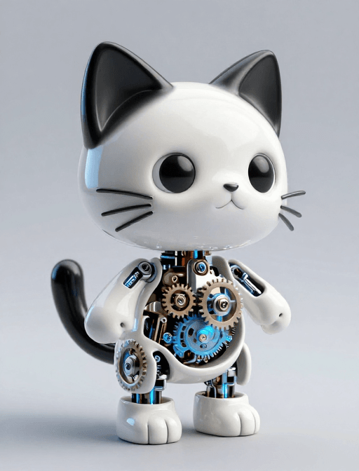 冷色调背景素材：陶瓷机械小猫：科幻萌趣的C4D精雕之作