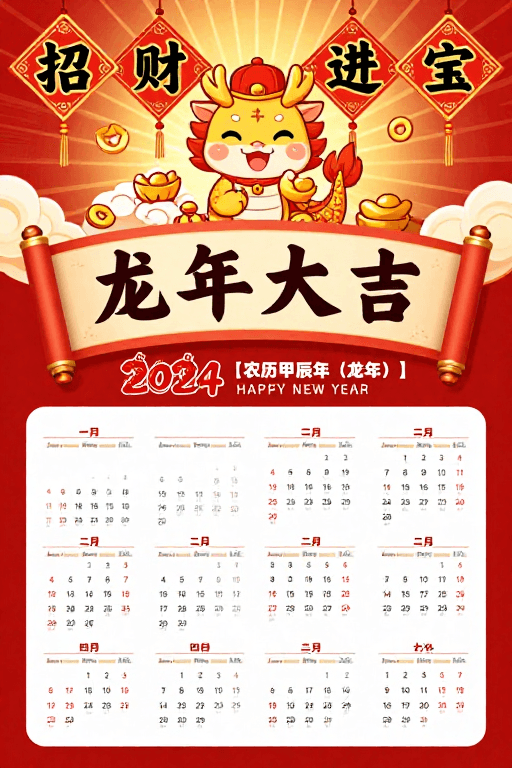 喜庆设计素材：龙年大吉：2024新春红金主题日历海报