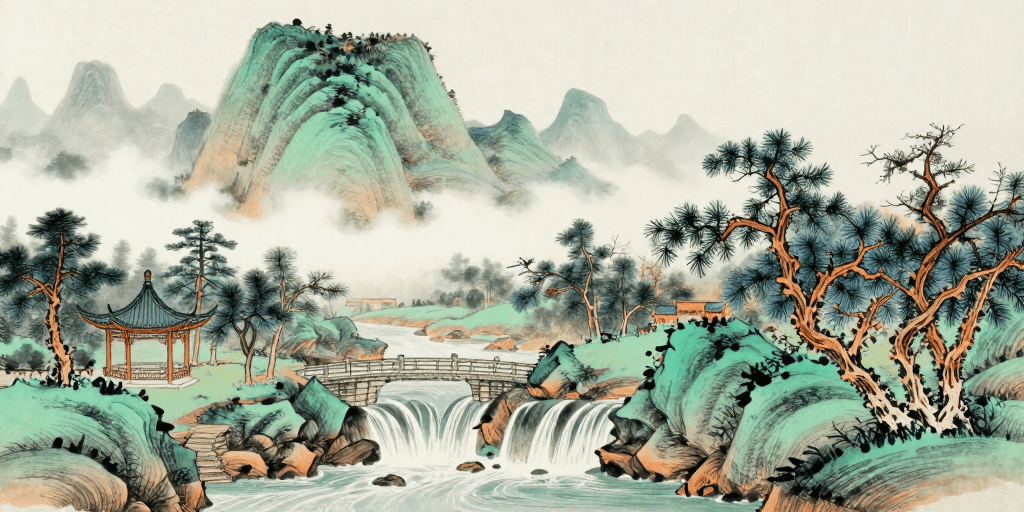 艺术装饰素材：青绿山水晨雾缭绕，古桥飞檐映韵流长