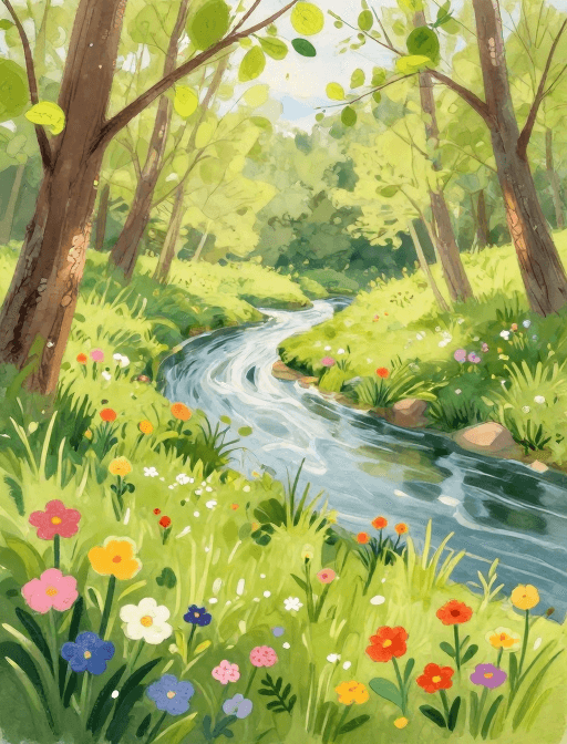 春天复苏素材：春日生机：水彩油画融合的自然复苏画卷