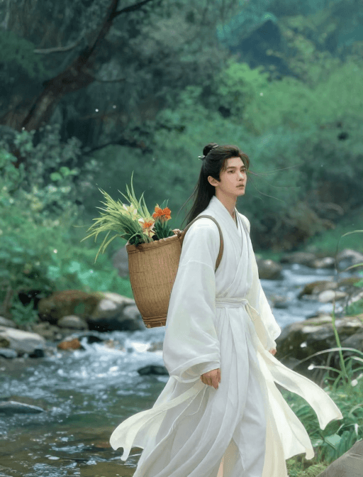 古风插画素材：古风水墨背影：绿意山溪中的白衣旅人