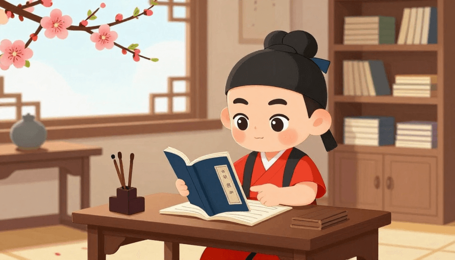 儿童教育素材：甜美卡通古代书童私塾诵读场景
