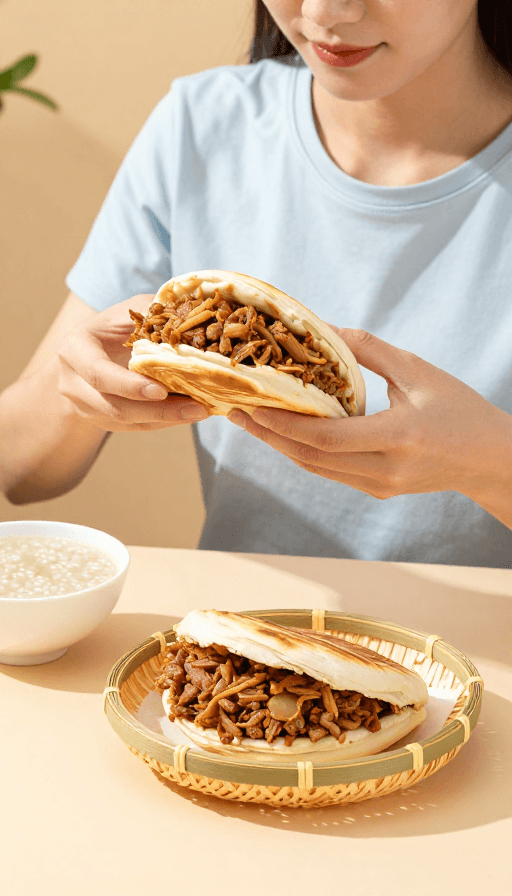 浅蓝色短发女生素材：浅蓝少女肉夹馍实拍：精致美食摄影