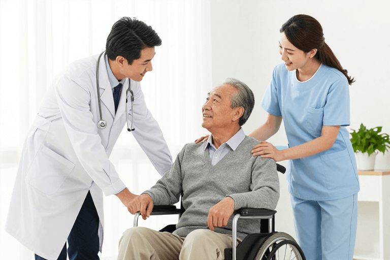 摄影写实素材：温馨守护：专业医护陪伴老人的安心时光