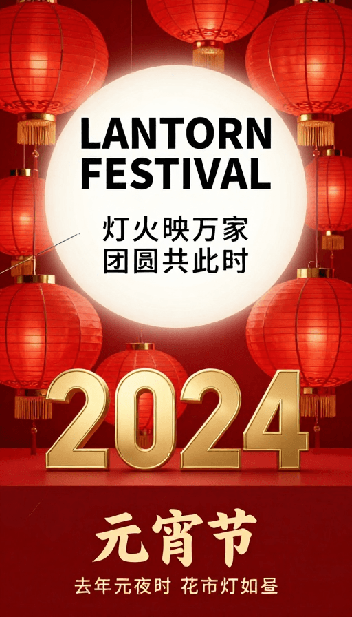 团圆氛围素材：2024元宵节喜庆海报：红灯笼光影与团圆祝福