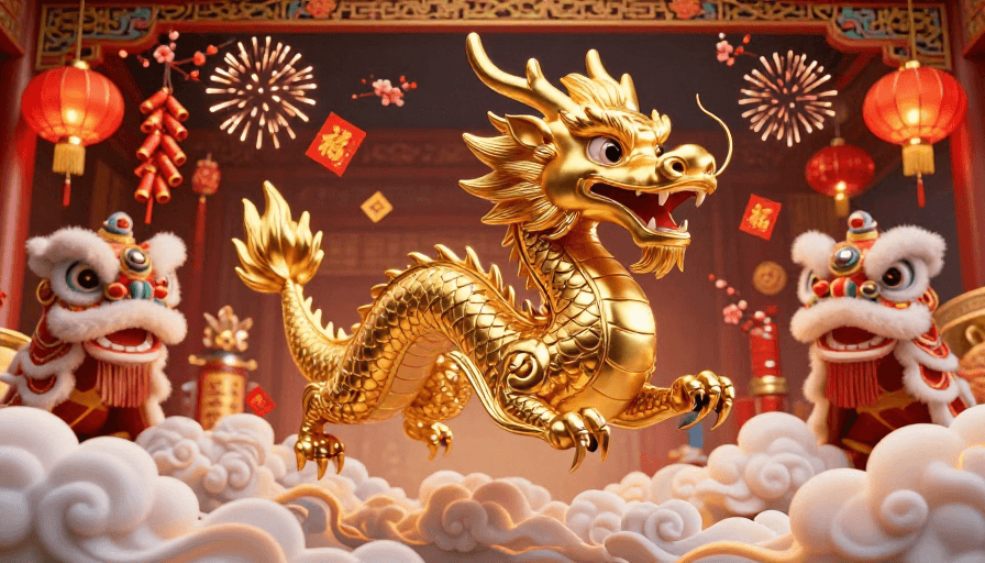 新年背景素材：金龙腾舞祥云新岁福满堂