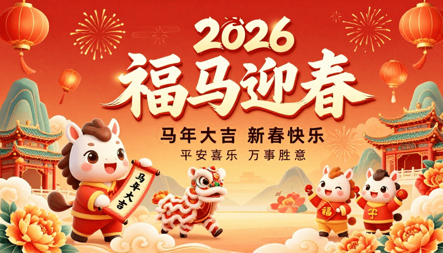 传统建筑素材：2026春节喜庆中国风海报，福马迎春