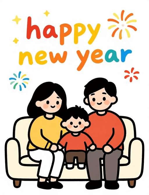 亲子时光素材：粗线条卡通家庭插画：爸妈与儿子共赏新年烟花，治愈温馨