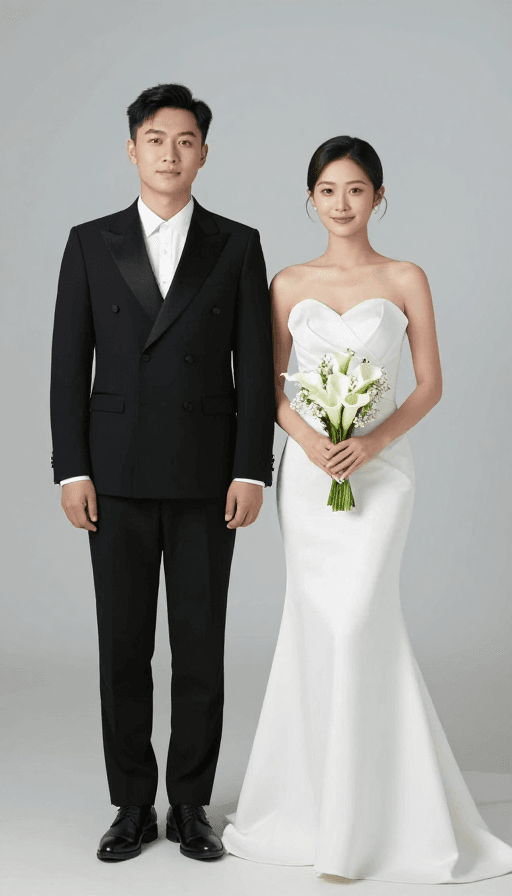 冷色调背景素材：爱意满溢：亚洲新人优雅婚礼合影