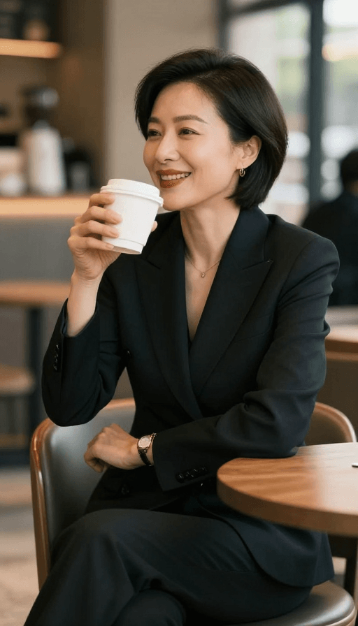 电影感素材：高质商务女性：电影感咖啡厅微笑肖像