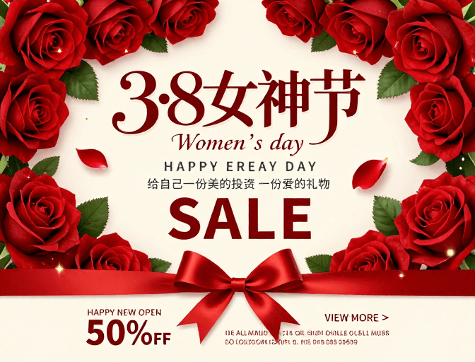 海报宣传素材：浪漫妇女节促销海报：玫瑰星光交织的节庆美