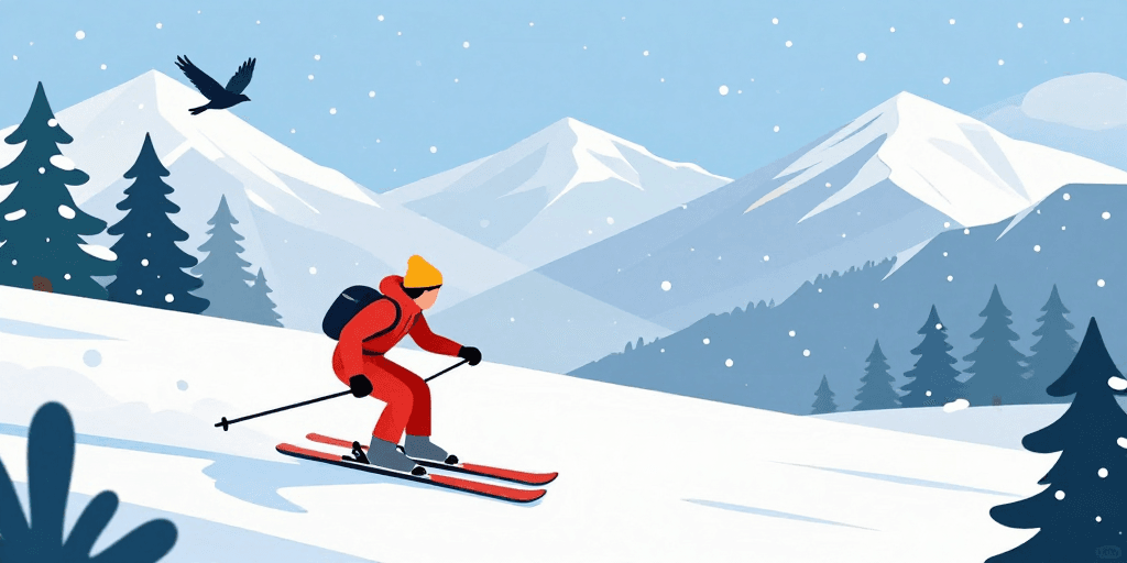 冬季滑雪素材：冬日雪景动态插画：清新扁平风滑雪者