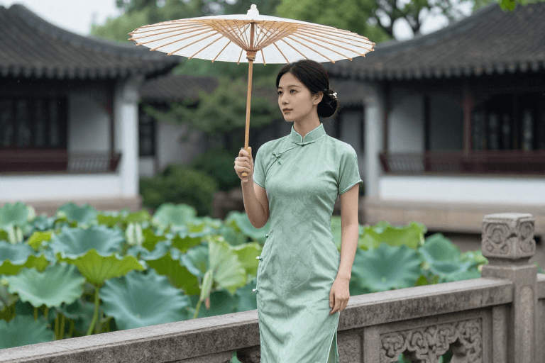 高清人像素材：江南烟雨：旗袍女子的古典风情