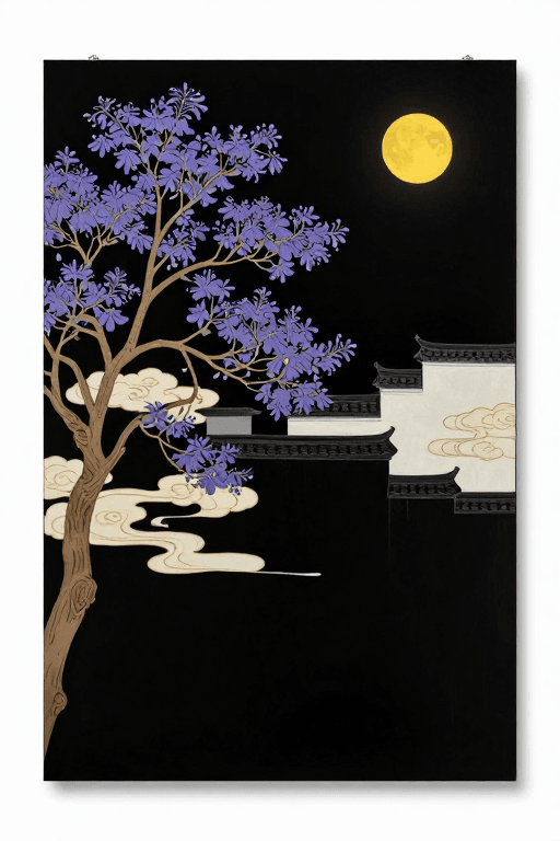 金箔岩彩素材：叶瑞琨金箔漆画：蓝楹月夜徽派意境