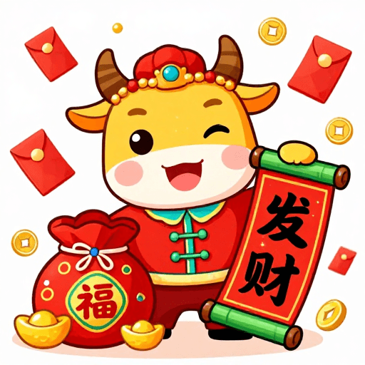 卡通设计素材：喜庆国潮牛吉祥物迎财图