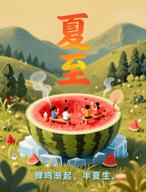 3D插画素材：西瓜屋童趣夏至：3D插画海报设计