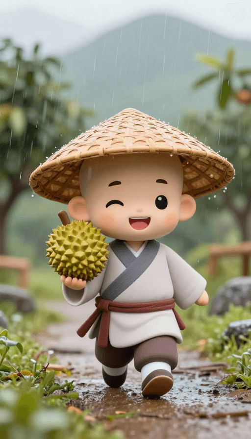 微距细节素材：呆萌僧童Q版雨中漫步榴莲笑靥