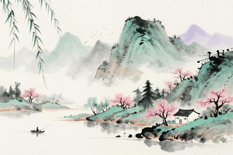 UI背景素材：水墨紫雾山峦静景