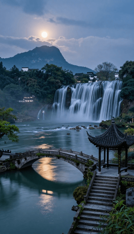 自然山水素材：徽派水乡月夜：飞瀑流泉映古桥