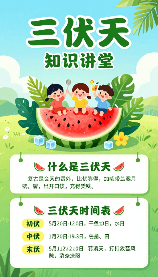 清新插画素材：三伏天知识科普：清凉夏日童趣海报