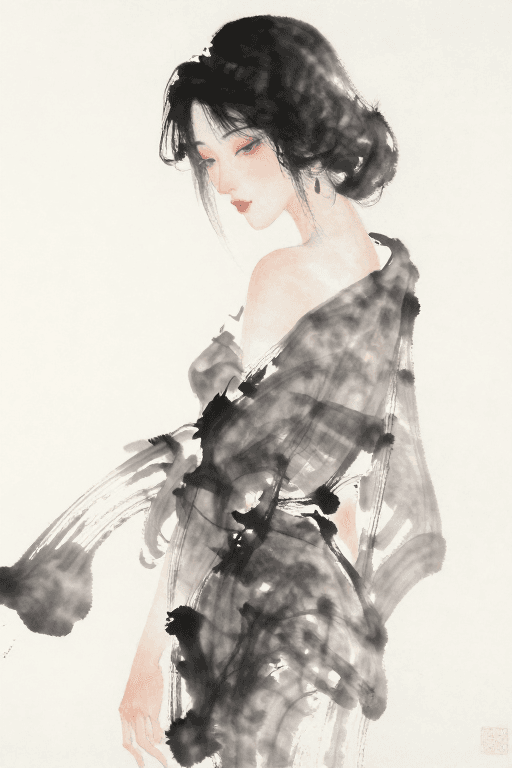写意风格素材：水墨洇晕写意女性人物画