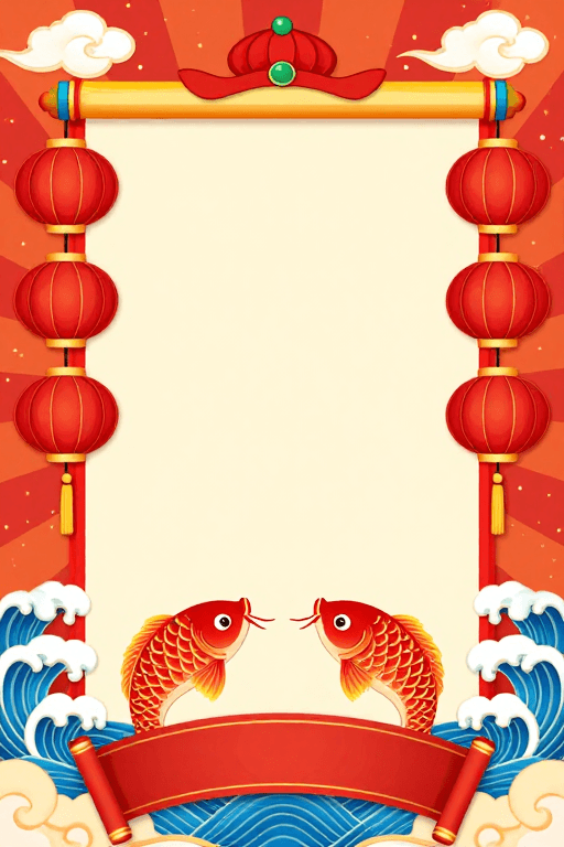 吉祥图案素材：喜庆新年主题插画背景，融合年画剪纸风格
