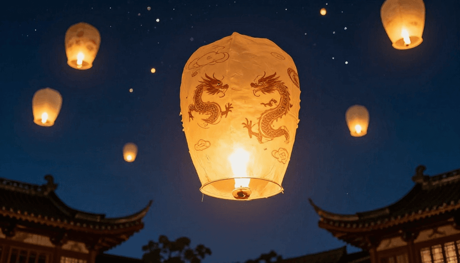 孔明灯素材：夜空中的传统孔明灯：龙凤祥光点亮文化之夜