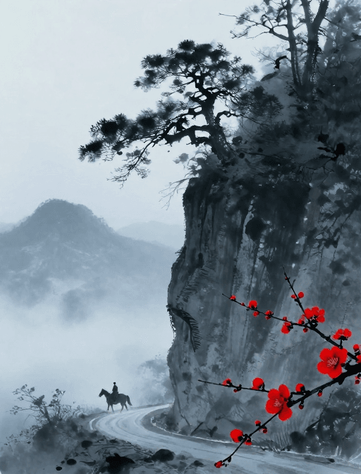 剪影艺术素材：水墨孤影：古道西风马行图