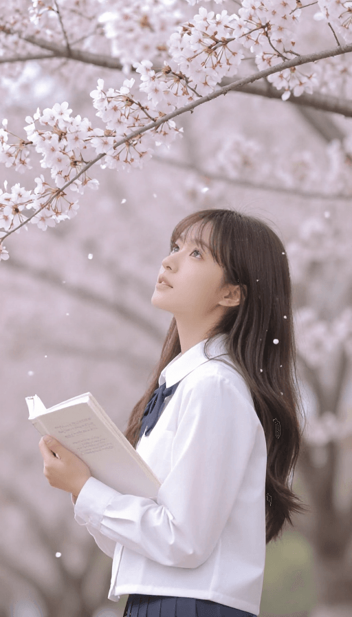 春日素材：樱花树下书香少女：春日浪漫诗意画卷