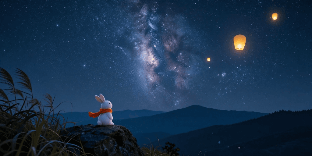 梦幻夜空素材：星河夜梦：橙围巾兔与孔明灯