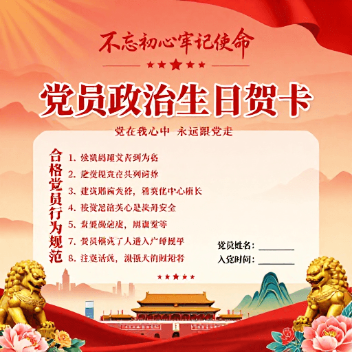 党员政治生日素材：党员政治生日贺卡：庄重插画风宣传海报