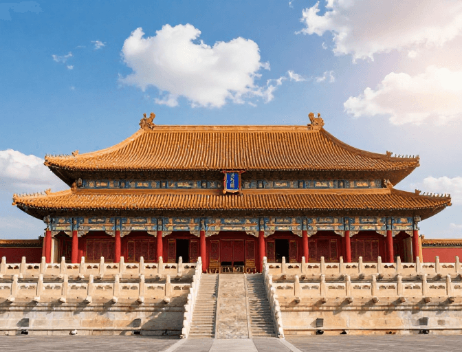 高饱和度色彩素材：故宫太和殿全景：红墙金瓦与对称光影的皇家艺术