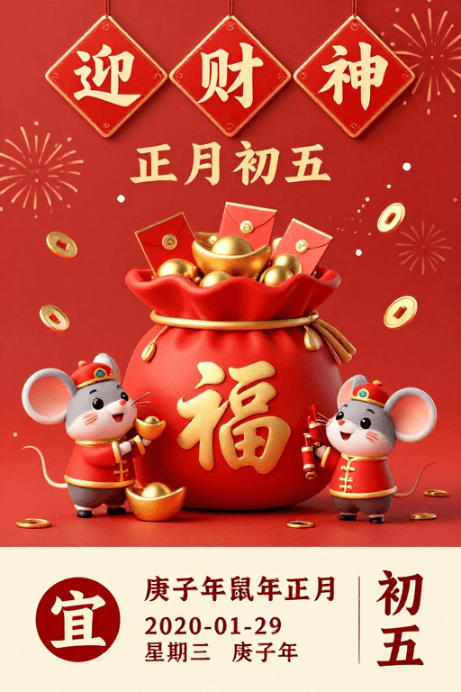 鼠年贺岁素材：红金鼠年迎财图：正月初五福袋贺岁