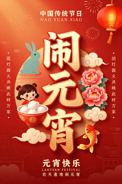 传统书法素材：元宵佳节喜庆海报，融合传统书法与卡通插画艺术