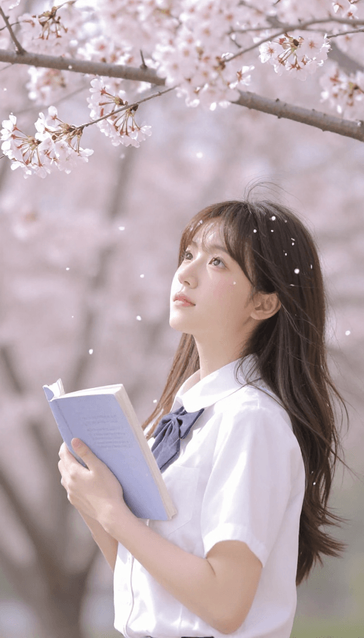 唯美素材：樱花树下少女书香浪漫春日诗意瞬间