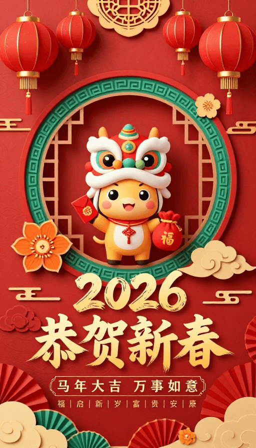春节贺岁素材：2026春节剪纸与3D立体艺术贺岁海报，红色吉祥卡通马