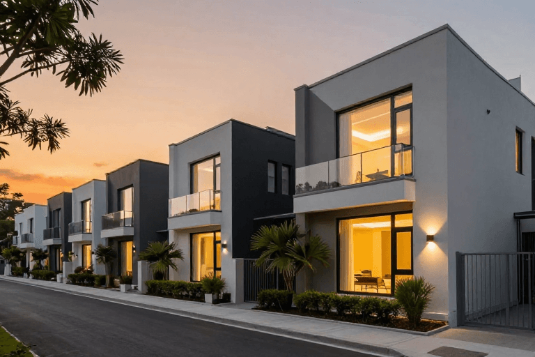 现代住宅素材：现代极简联排别墅：黄昏暖光与静谧街道