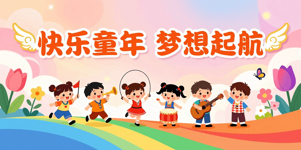 开学典礼素材：快乐童年 梦想起航：梦幻童趣儿童节卡通海报
